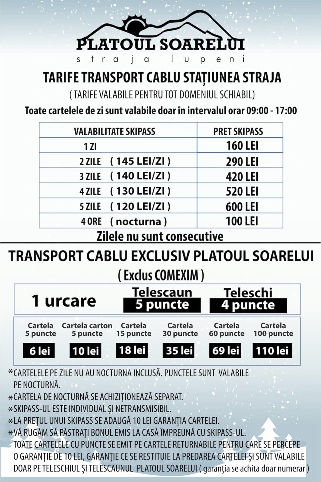Tarife skipasuri Platoul Soarelui sezon 2024/2025
